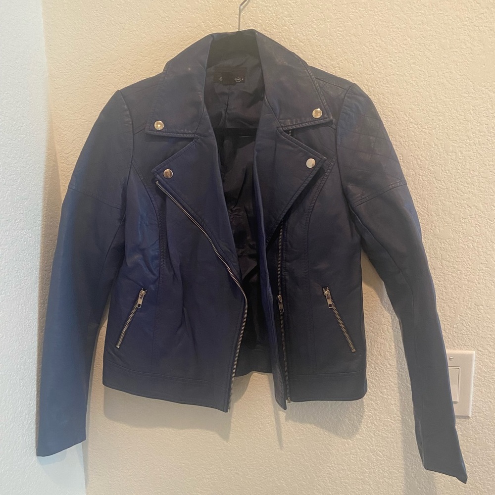 Navy blue Forever 21 faux leather motorcycle jacket size: Small